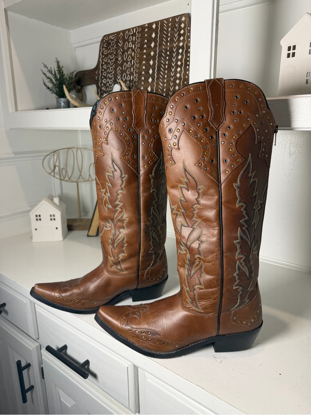 Laredo Womens 9.5M Brown Leather Studded Embroidered Tall Boho Cowboy Boots